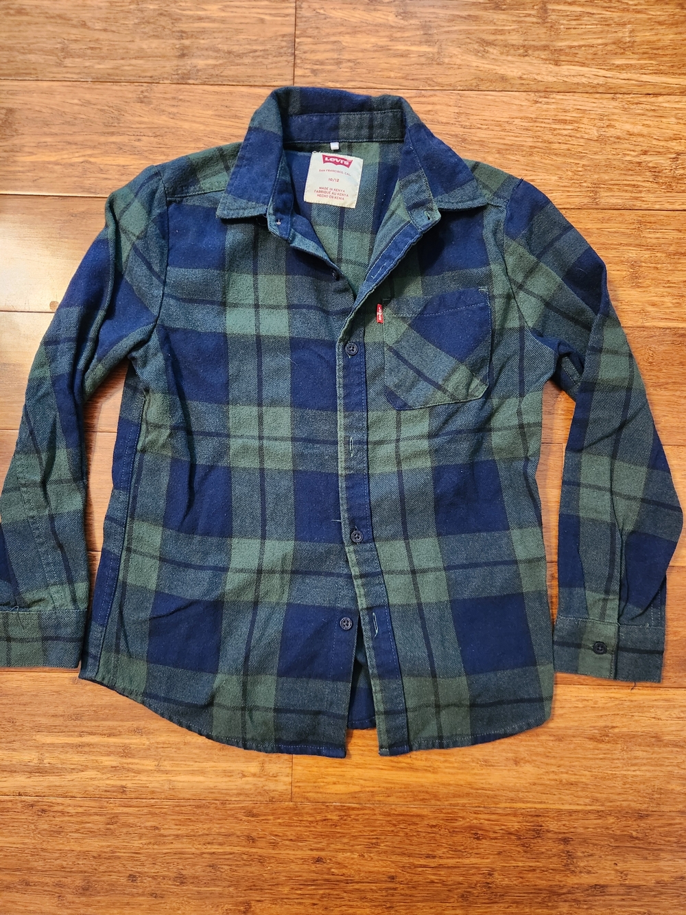 Levi's Boy's Green and Navy Plaid Flannel Pocket Shirt, Size 10 / 12